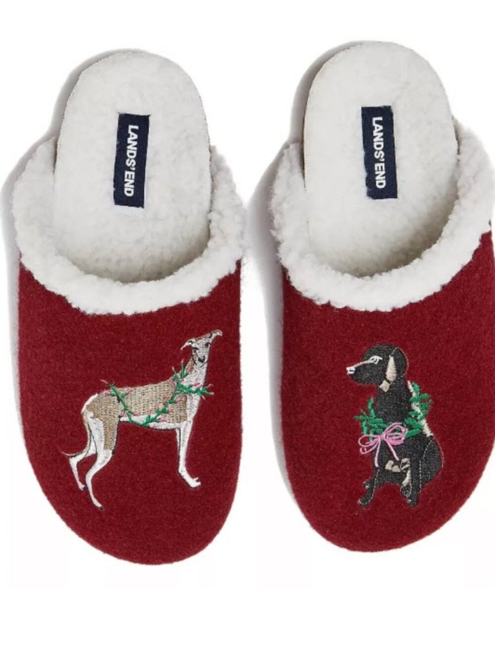 Lands’ End Women's Sherpa Lined Clog House Slippers Burgundy Multi Dog NWOT Sz 9